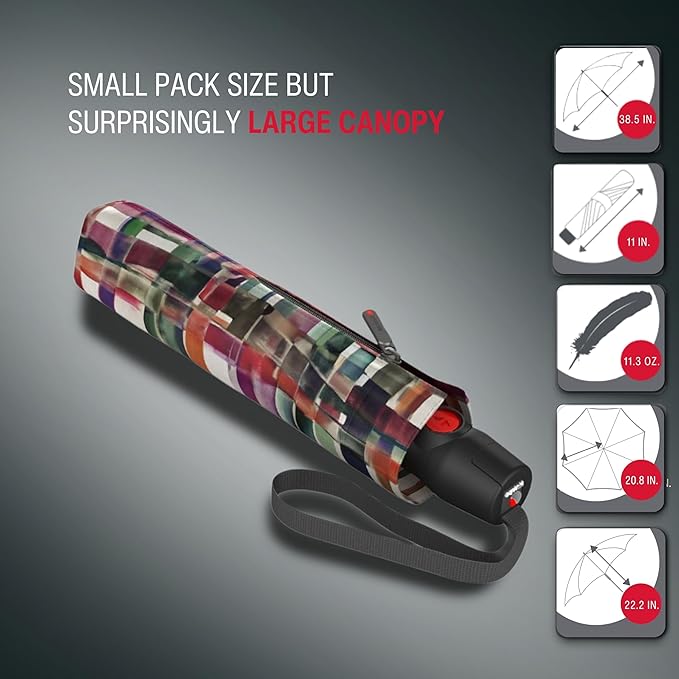 Knirps T.200 Duomatic Compact Rain Umbrella in Ribbon – Wind Tunnel Tested to 93 mph, Aluminum Steel Fiberglass Frame, 38in Canopy, OEKO-TEX, High-Performance Automatic Travel Umbrellas