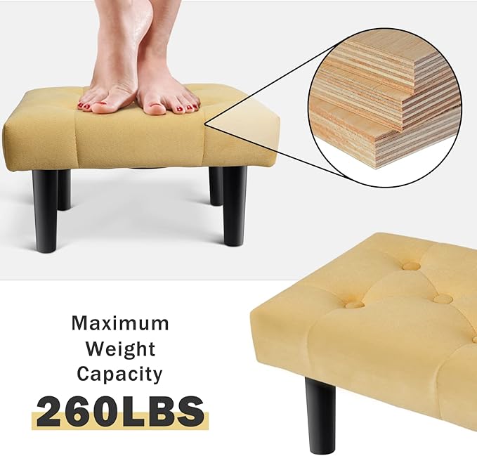 HOUCHICS Small Footstool Ottoman, Velvet Wooden Foot Stool Ottoman with Wood Legs, Sofa Footrest Extra Seating for Living Room Entryway Office(Yellow 2PACK)