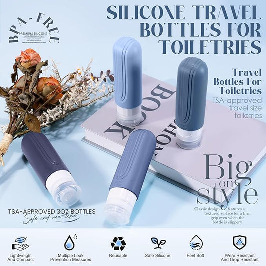 Travel Bottles for Toiletries, 3oz TSA Approved Travel Size Toiletries, Silicone Leak-Proof Refillable Containers, Squeezable Liquid Essentials Bottles W/Clear Bag (BLUE)