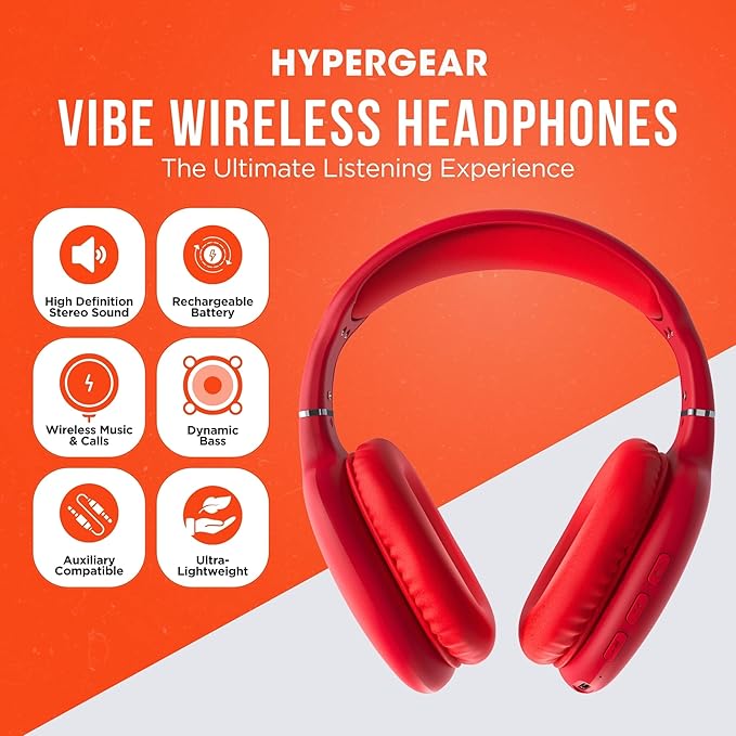 HyperGear Wireless Headphones Bluetooth Red- Noise Isolation Headphones Wireless Over The Ear Head Phones, Gym Headset Built-in Mic Controls Square Foam Cups Foldable Headphone for Women and Men