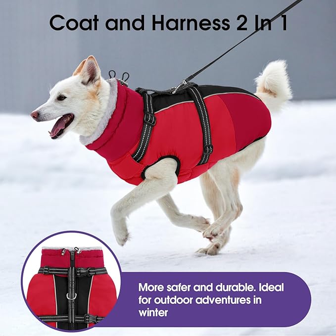 SUNFURA Large Dog Coat with Harness Built in, Warm Dog Jacket Waterproof Pet Winter Coat Snowsuit for Cold Weather, Reflective Fleece Jacket for Large Dogs, Border Collie, Red XL