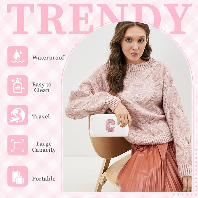 Small Initial Patch Makeup Bag Personalized Gifts Make Up Bag,White Cute PU Leather Glitter Letter Cosmetic Bag with Zipper,Trendy Portable Travel Toiletry Pouch,Preppy Stuff for Teen Girls Women C