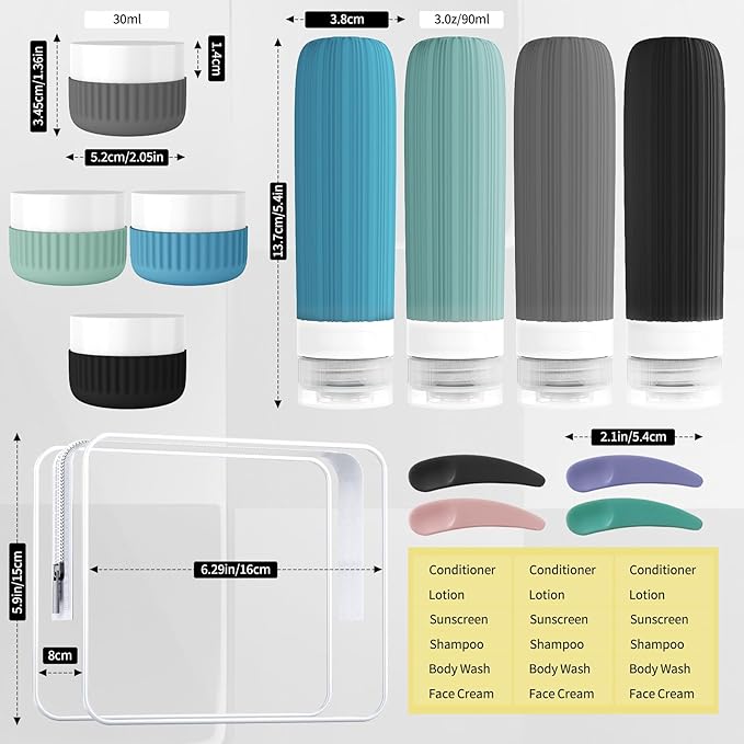 Travel Bottles for Toiletries, Leakproof Silicone Squeezable Cosmetic Liquids Bottles in Travel Size with Clear Bag, TSA Approved Refillable Cosmetic Container Kits for Shampoo and More (Blue)