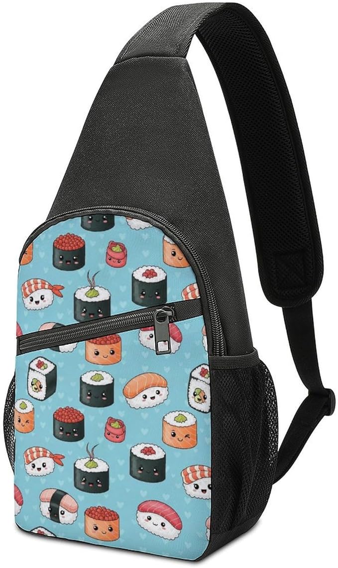 SWEET TANG Polyester Shoulder Sling Bag Multipurpose Casual Sport Daypack Unbalance Backpack with Small Pocket and Smooth Zipper, Blue Sushi