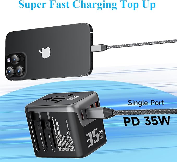 Minthouz Universal Travel Adapter, International 35W Power Adapter GaN PD Fast Charger with 2 USB-C PD & 2 USB-A Ports, All-in-One Portable AC Worldwide Power Converter Plug for USA EU UK AUS and More