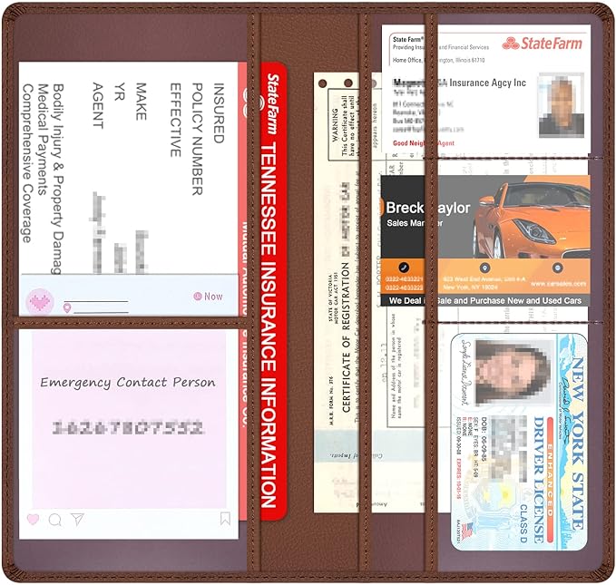 Car Insurance and Registration Holder, 9.5 x 5 Inch PU Leather Vehicle Glove Box Organizer Wallet Case for Insurance Card, Driver License, Paperwork - Brown