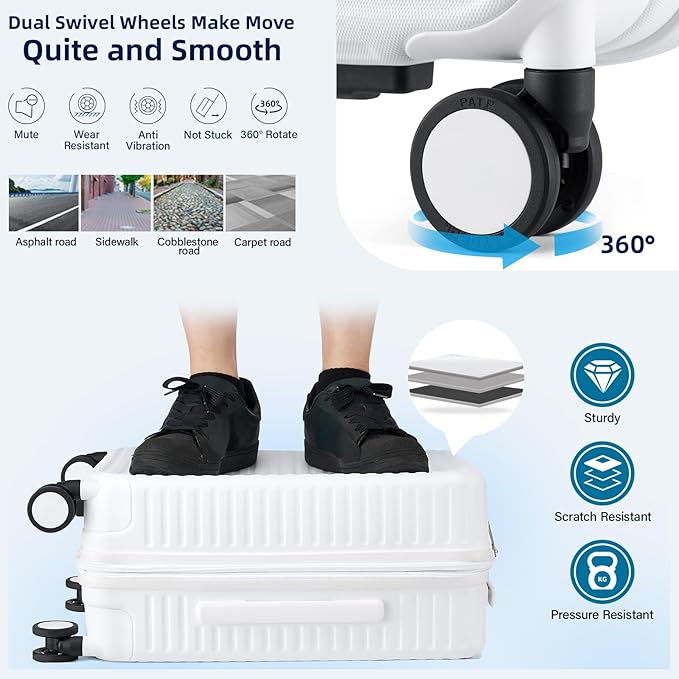 Hard Shell Suitcases Airline Approved 20 Inch Carry on Luggage, Expandable Travel Luggage Carry on Luggage with Cup Holder Charger Built in, Lightweight Small Suitcases with Wheels, White