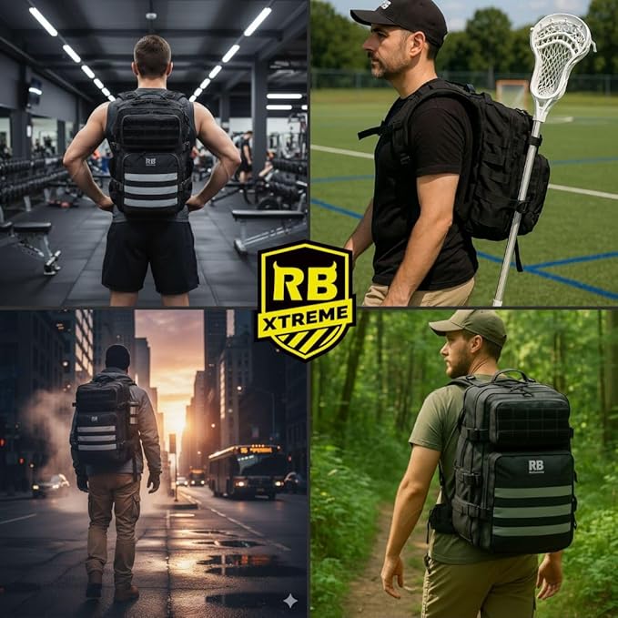 Xtreme 45L Tactical Backpack – Large Travel and Hiking Pack with 16 inch Laptop Sleeve, Stick Holder, Double Bottle Pockets, Recycled Fabric Shell, Rain Cover (Black)