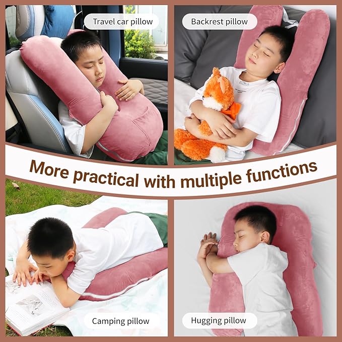 Car Pillow for Kids, Travel Pillow for Car, Toddler Travel Pillow for Sleeping Carseat Pillow for Adults, Removable and Washable Covers, Long Car Ride Essentials, Pink-Skin Friendly