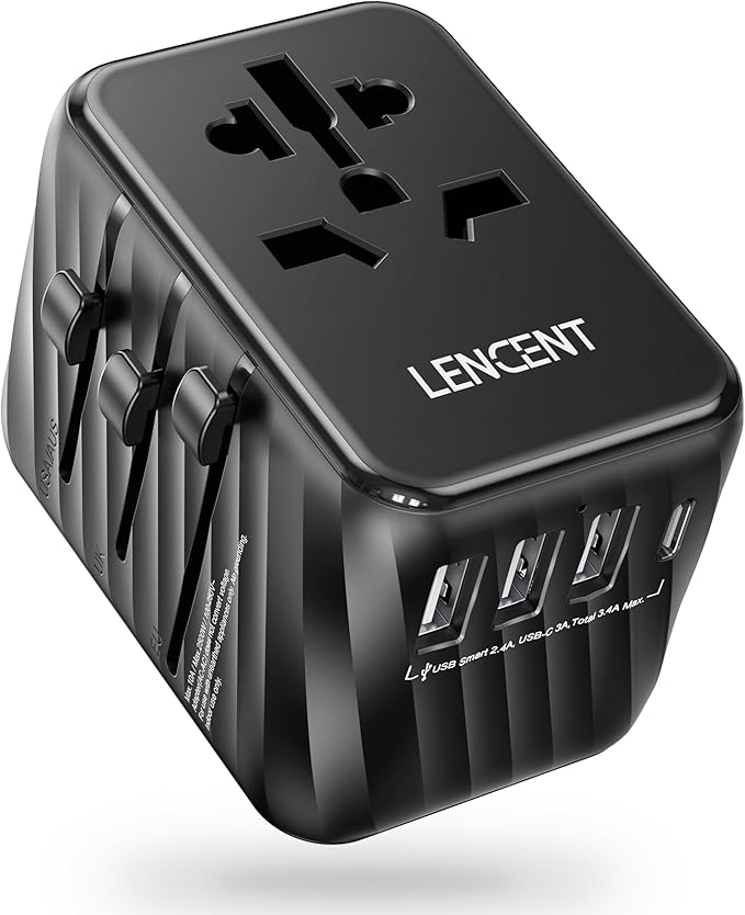 LENCENT Universal Travel Power Adapter, International AC Plug Adaptor with 3 USB A Ports 1 Type C PD Wall Charger Worldwide Travel Essentials for US to EU UK Ireland Australia (Type C/G/A/I) Black