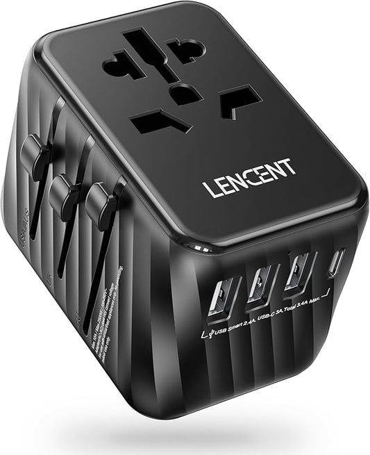 LENCENT Universal Travel Power Adapter, International AC Plug Adaptor with 3 USB A Ports 1 Type C PD Wall Charger Worldwide Travel Essentials for US to EU UK Ireland Australia (Type C/G/A/I) Black