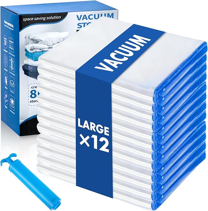 Vacuum Storage Bags with Hand Pump, 12 Large Compression Space Saver Vacuum Seal Bags for Clothing, Travel Luggage, Comforters, Blankets, Pillows, Bedding(12L)