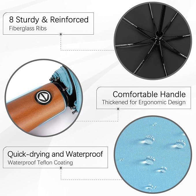 Yoobure Windproof Travel Umbrella with Wood Handle - Automatic Umbrellas for Rain & UV Sun Protection, Compact 46" Large Canopy, Lightweight Backpack Portable for Walking & Outdoor