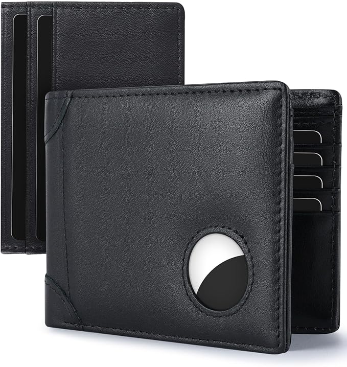 Swallowmall AirTag Wallet Mens RFID Blocking Genuine Leather Bifold Men's Wallet For air tag with 2 ID Window 10 Card Holders Removable Card Slot Black(Airtag Not included)
