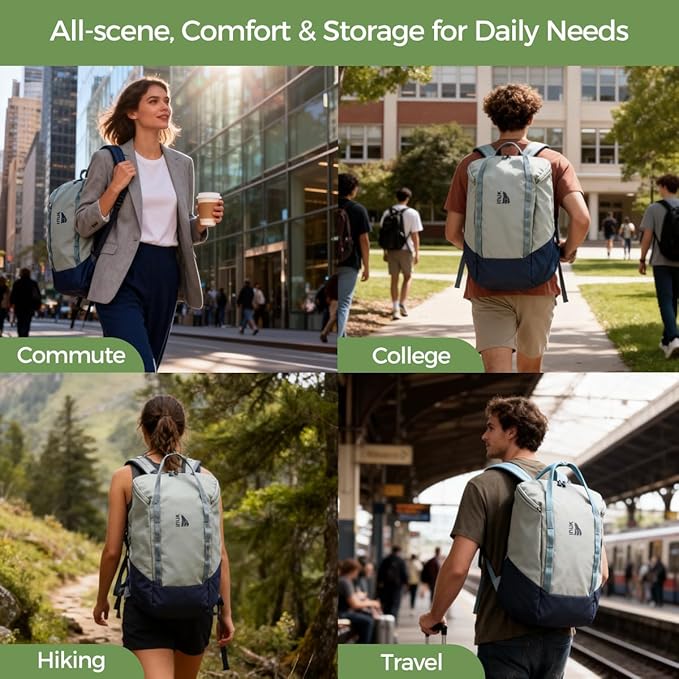 INUK Laptop Backpack for College Students & Work, 25L Lightweight Waterproof Backpack for Business Travel, Hiking Daypack with Padded Sleeve and Safety Whistle, Made from Recycled Materials，Green