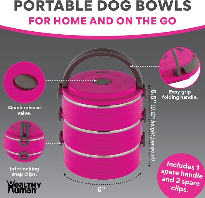 Healthy Human Travel Pet Bento Bowls - Leak Proof, Human-Grade Stainless Steel & BPA-Free, 3-Pack Water & Food Container Set, Clips & Handle (Pink)
