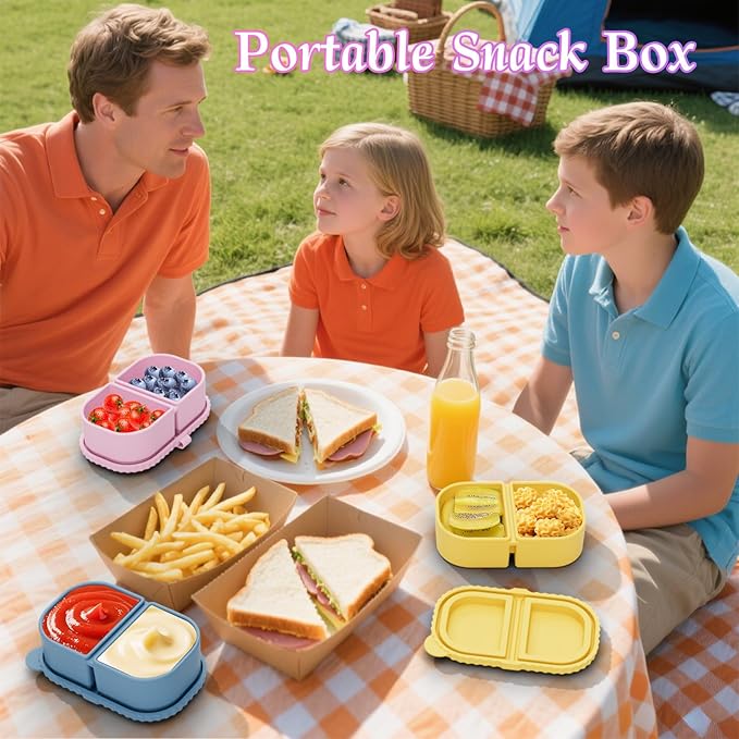 3 Pack Silicone Snack Containers with Lids, Reusable Double Compartment 8oz Leakproof Snack Box for Sauce, Dip, Salad, School, Office, Picnic