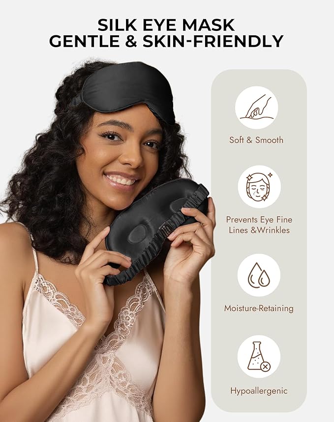 SilkSilky 100% 22 Momme Mulberry Silk Sleep Mask – Upgraded 3D Contoured Eye Mask with Nose Wing Pads & Adjustable Strap, Luxury Blackout Eye Cover for Women & Men (Black)