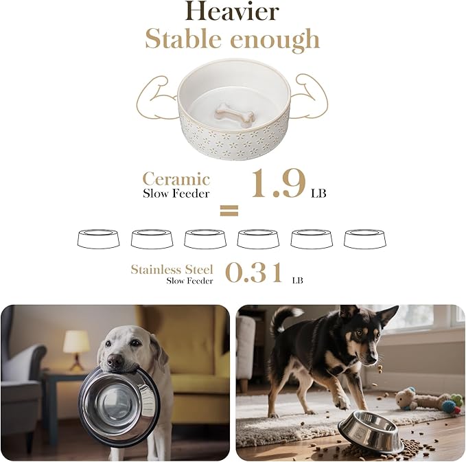 MALACASA Ceramic Dog Food Bowl, 3.5 Cups or 32oz Dog Food Water Dish for Mudium Breeds, Pet Bowl Dishwasher & Microwave Safe, Five-Leaf Grass, Series Lydia