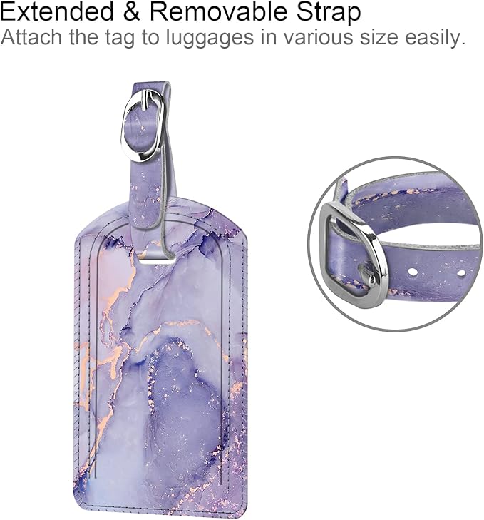 FINTIE 2 Pack Luggage Tags, Leather Name ID Labels with Privacy Cover for Travel Bag Suitcase, Theme - Lilac Marble