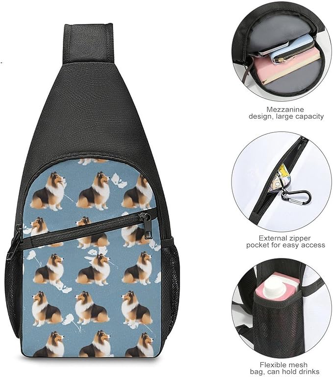 SWEET TANG Fashion Sling Backpack, Lightweight Sling Shoulder Bag, Outdoor Chest Crossbody Bike Gym Runner Daypack with Adjustable Strap for Men Women, Rough Collie Dog