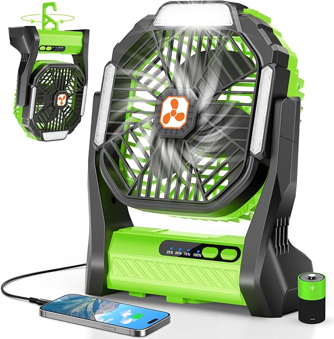 Portable Rechargeable Fan, 20000mAh Cordless Battery Powered Camping Tent Fans with SOS & LED Lantern, Small USB C Operated Outdoor Ventilador for Travel Camp Fishing Bedroom Power Outage Emergency