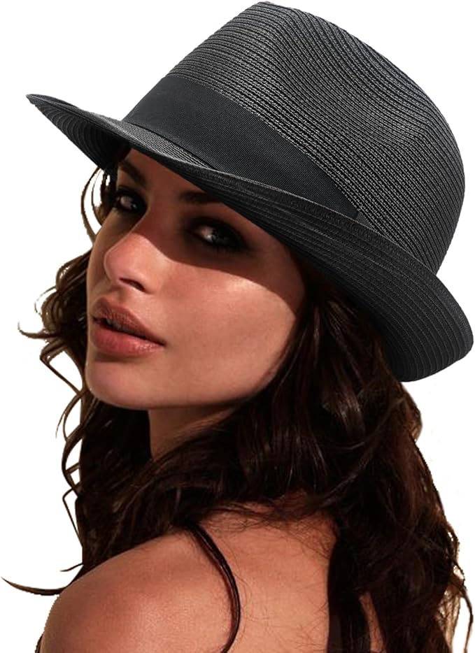 DRESHOW Women Straw Panama Hat Travel Fedora Beach Sun Hat Summer Wide Brim Straw Roll up Hat UPF 50+