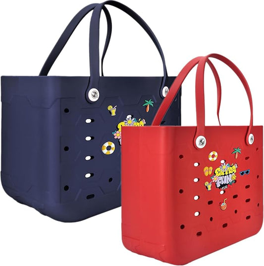 2-Piece Tote Bag Set, Waterproof Rubber Beach Bag with Summer Pattern, Medium & Large Handbag for Pool, Beach, Boat