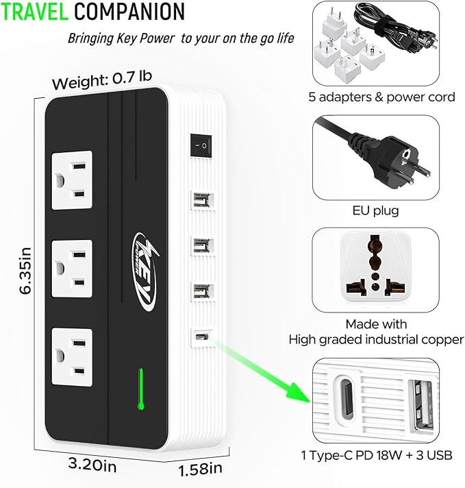 Key Power 230-Watt Step Down 220V to 110V Voltage Converter & International Travel Adapter/Power Converter with USB-C Port 18W - [Use for USA Appliance Overseas in Europe, AU, UK, Ireland, etc.]