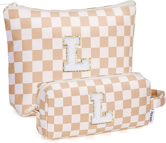 Narwey 2 Piece Personalized Initial Makeup Bag Checkered Cosmetic Bags, 6 8 10 11 12 13 14 16 18 Years Old Teen Girl Gifts Trendy Stuff Birthday Gifts for Women, Travel Toiletry Bag (Brown Letter L)