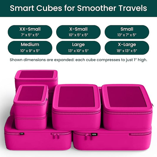 NOBL Travel Compressible Packing Cubes Set, 6 Pieces Travel Packing Organizers, Compression Luggage Cubes for Suitcases & Carry On, Space Saving (XXS, XS, S, M, L, XL) - Hot Pink