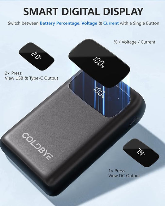 ColdBye Heated Vest Battery Pack 𝟕.𝟒𝐕 5𝐀 𝟐𝟎𝟎𝟎𝟎𝐦𝐀𝐡, Type-C and USB 5V Output 7.4V Tri-Size DC Built-in Ports (3.5 mm / 3.8 mm / 4.0 mm) for Heated Jacket