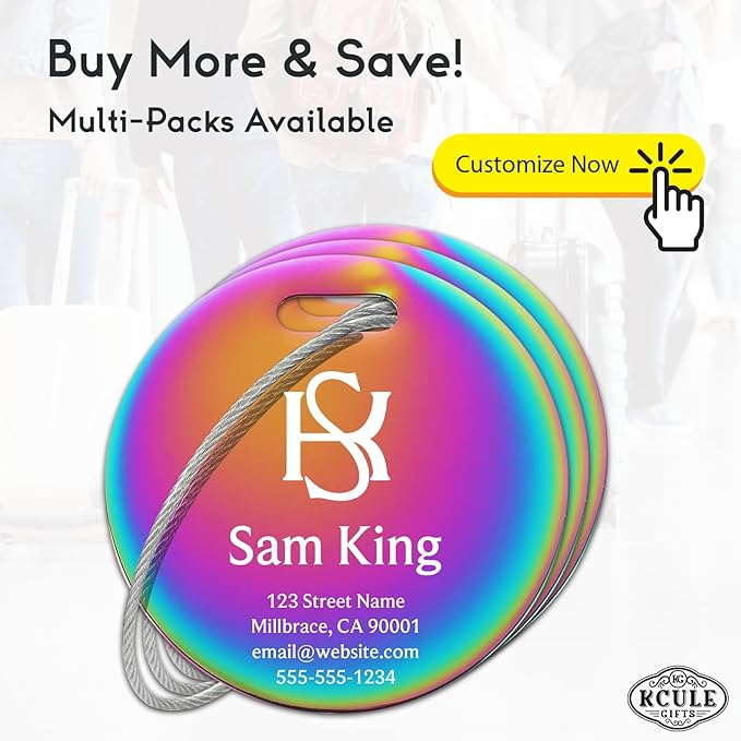 Personalized Luggage Tags for Suitcases - Stainless Steel Custom Luggage Tags for Backpacks & Bags, Sturdy, Waterproof & Heavy Duty (Rainbow/Round)