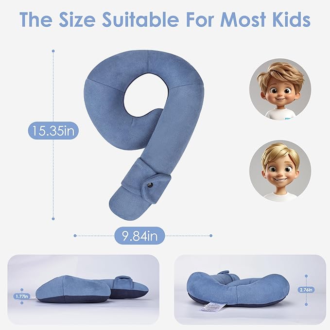 Kids Travel Neck Pillow, Comfortable Head & Chin Support for Car seat & Airplane, Toddler Pillow for Sleeping on Road Trip, Gifts for Child (Light Blue & Dark Blue)
