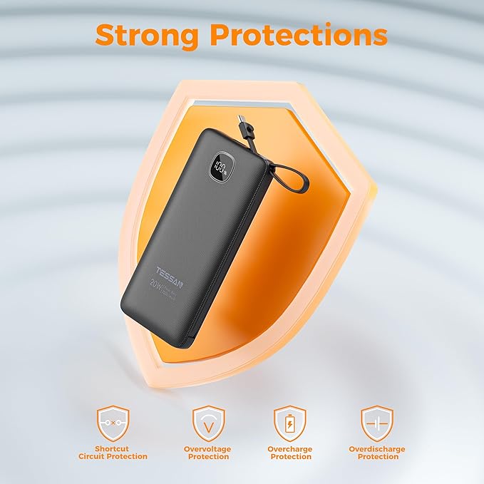 TESSAN Portable Charger with Built in Cables, 10000mAh Power Bank Fast Charging with Foldable AC Plug, 20W Compact Battery Pack Travel Essentials for iPhone 16/15 Series, Samsung, Tablets, Black