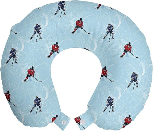 Ambesonne Sport Travel Pillow Neck Rest, Abstract Lines Background Ice Hockey Pattern Competitive Match Winter Season, Memory Foam Traveling Accessory for Airplane and Car, 12", Blue Red Black