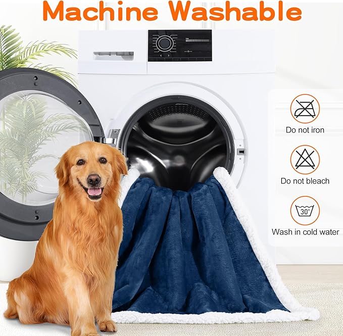 Smiry Waterproof Blanket Throw for Large Dogs, Soft Reversible Dog Blanket for Sofa Couch Bed, Washable Leakproof Sherpa Fleece Furniture Couch Protector(50"x60", Navy/White)