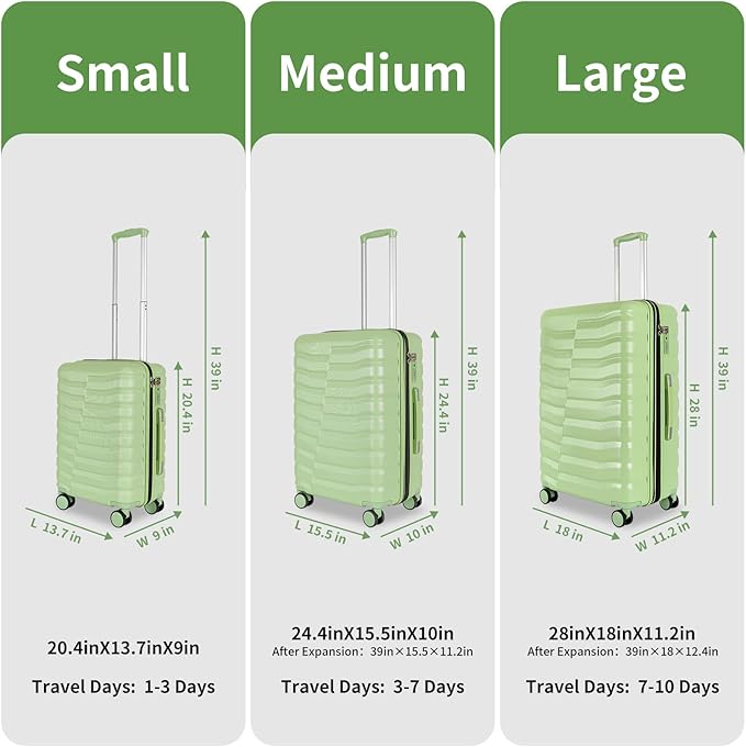 Lightweight Luggage with Spinner Wheels & YKK Zipper, 3-Piece Travel Suitcase ABS+PC Hardshell Luggage Set with TSA Lock, Light Avocado Green (20+24+28 inch)