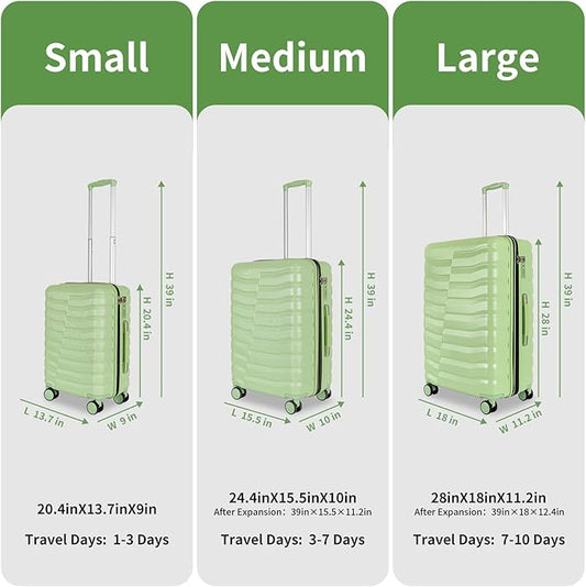 Lightweight Luggage with Spinner Wheels & YKK Zipper, 3-Piece Travel Suitcase ABS+PC Hardshell Luggage Set with TSA Lock, Light Avocado Green (20+24+28 inch)