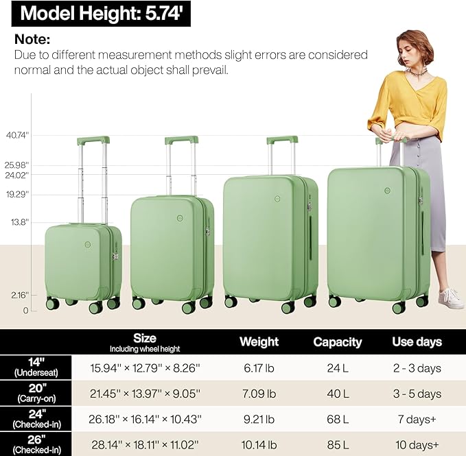 mixi Upgrade Carry on Luggage 14 Inch Underseat Personal Item Suitcases with Spinner Wheels, Hardside Rolling Suitcase PC with TSA Lock Lightweight Travel Case, Fine Grid Avocado Green