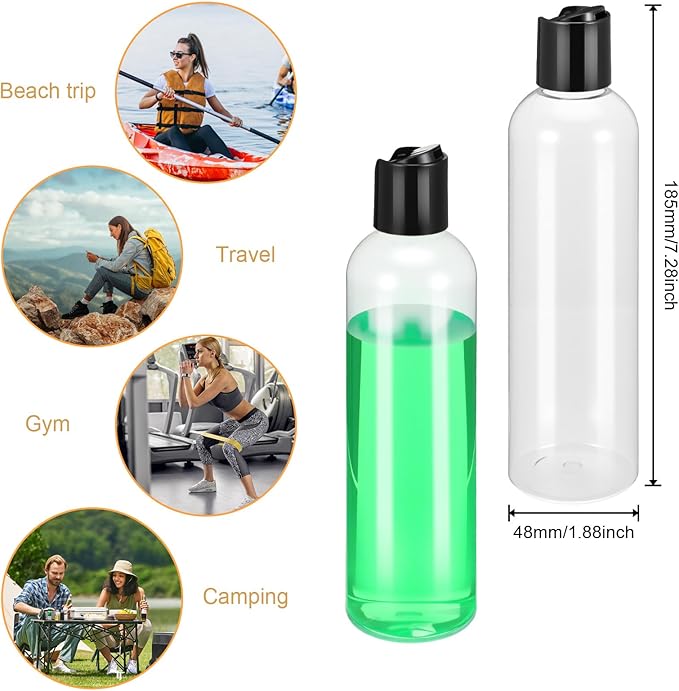 24 Pieces Plastic Empty Bottles Clear Squeeze Travel Containers with Black Disc Cap Refillable Shampoo Travel Bottles for Toiletries Lotion Container for Body Soap Cream(8 oz)