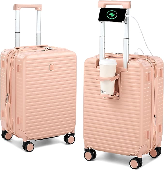 Hard Shell Suitcases 20 Inch Carry on Luggage Airline Approved, Expandable Travel Luggage with Cup Holder Charger Built in Lightweight Small Suitcase with Wheels, Pink