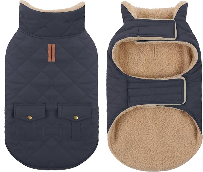 Winter Coat for Medium Dogs, Dog Plaid Jacket, Pets Coat for Cold Weather, Windproof Warm Garments, Pet Thickened Outfits Indoor Outdoor, NavyBlue M