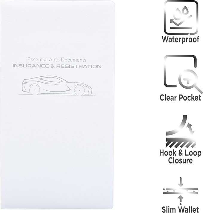Andalus Auto Registration & Insurance Card Holder Pack of 2, Waterproof Essential Car Registration Holder with Hook & Velcro Closure, Perfect for Every Vehicles Glove Boxes (White - 9.5" x 5.15")