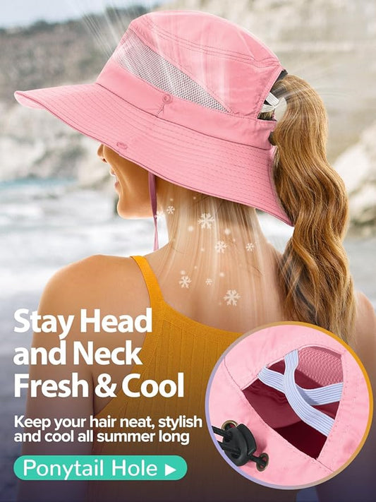 Sun Bucket Beach Hats for Women with Ponytail Hole,Sun Protection UV UPF50+ Waterproof Fishing Safari Hiking Hat