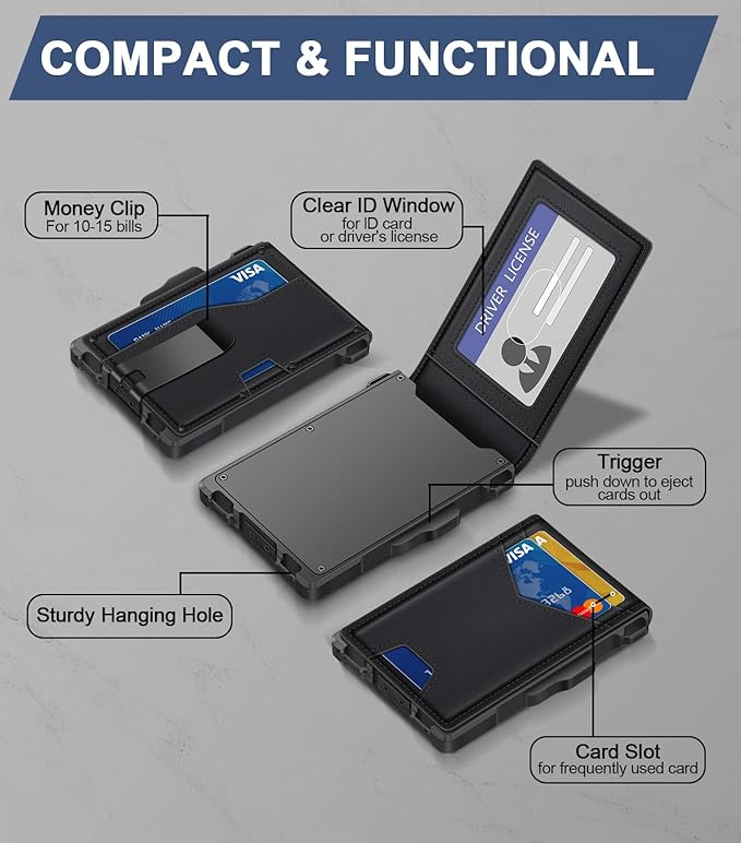 Wallet for Men, Minimalist Slim Mens Wallet with Money Clip, RFID Blocking Smart Pop Up Card Wallet with ID Window, Compact Bifold Wallet,Metal Aluminum Credit Card Holder