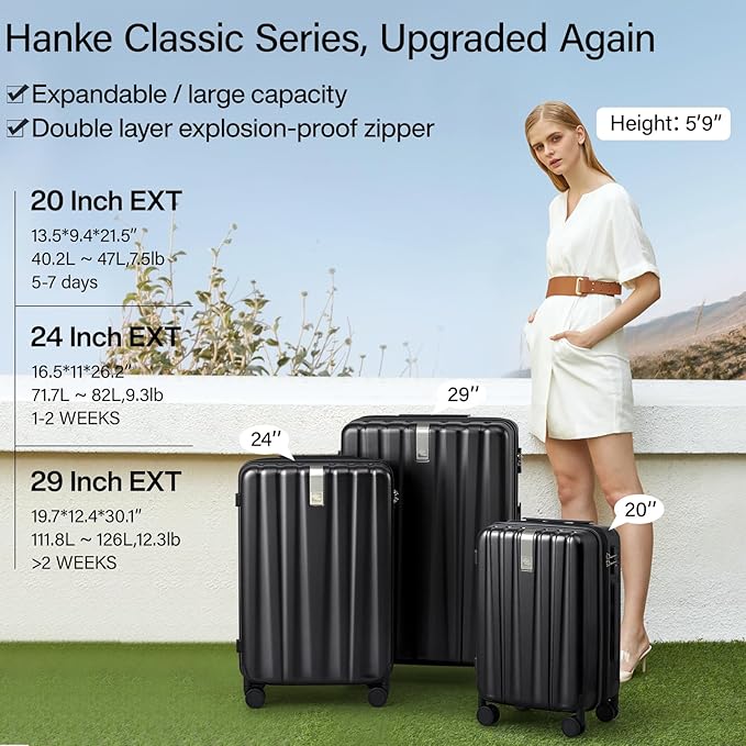 Hanke 24 Inch Expandable Checked Luggage Lightweight PC Hard Shell luggage Suitcases with Wheels Travel Luggage Rolling Large Suitcase Travel Luggage Bag for Go To University.(Jet Black)