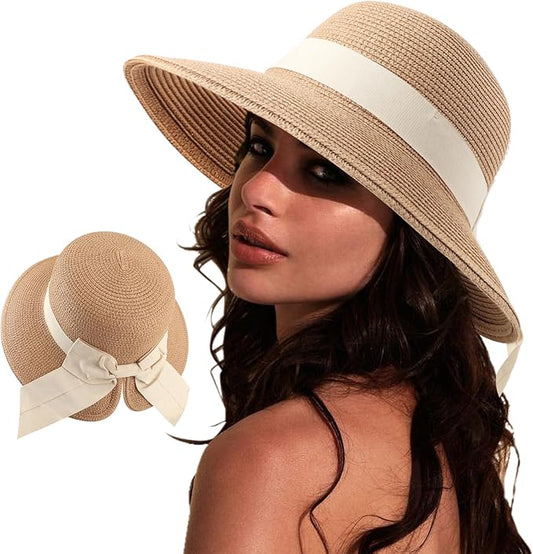 DRESHOW Sun Hats for Women Travel Fedora Foldable Beach Sun Hat Summer Wide Brim Straw Bucket Hat with Bowknot UPF 50+