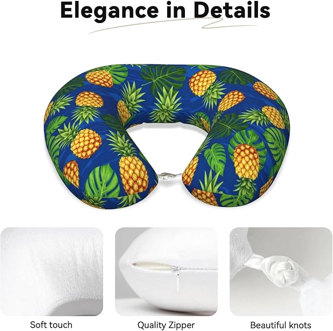 Neck Support Pillow, Comfortable Memory Foam Car/Flight/Airplane Chin Pillows U Shaped Cushion for Office Travel Sleeping Tropical Banana Palm Leaves Pineapples