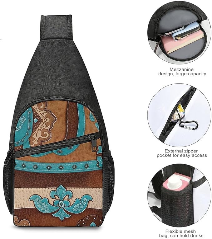 SWEET TANG Cute Sling Shoulder Backpacks Rustic Brown Teal Western Country Tooled Leather Bags Chest Sack, Anti Theft Crossbody Rucksack for Hiking Traveling Sports, Daypacks for Men Women